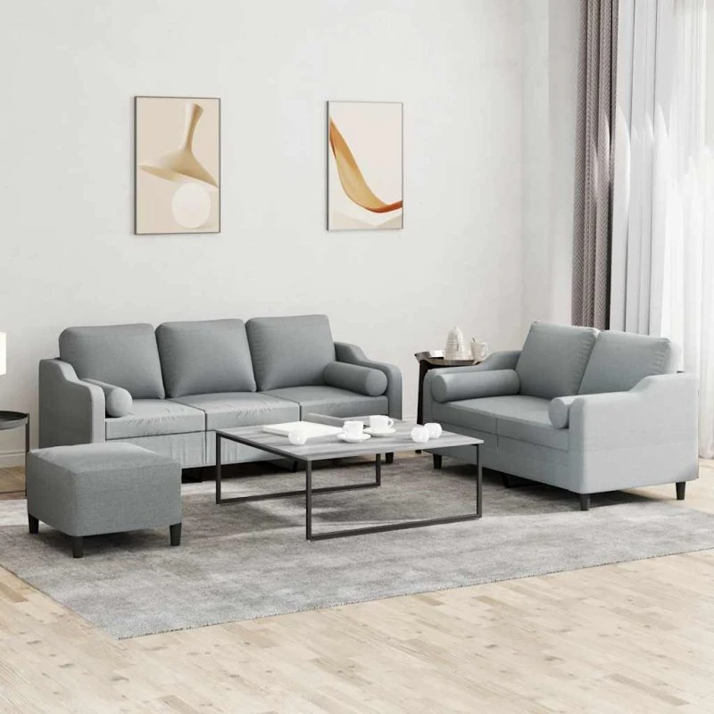 Sofasæt 3 dele i lysegråt stof med puder
