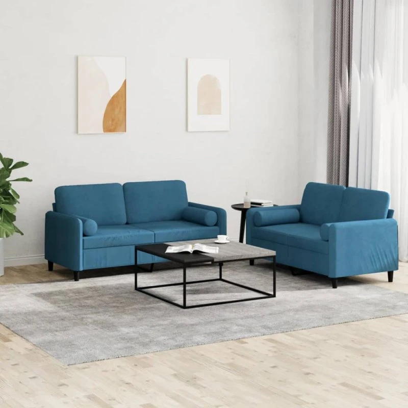 Sofasæt 2 dele i blå velour med puder