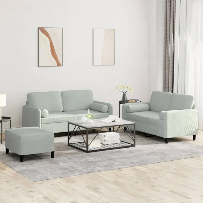 Sofasæt 3 dele i lysegrå velour med puder