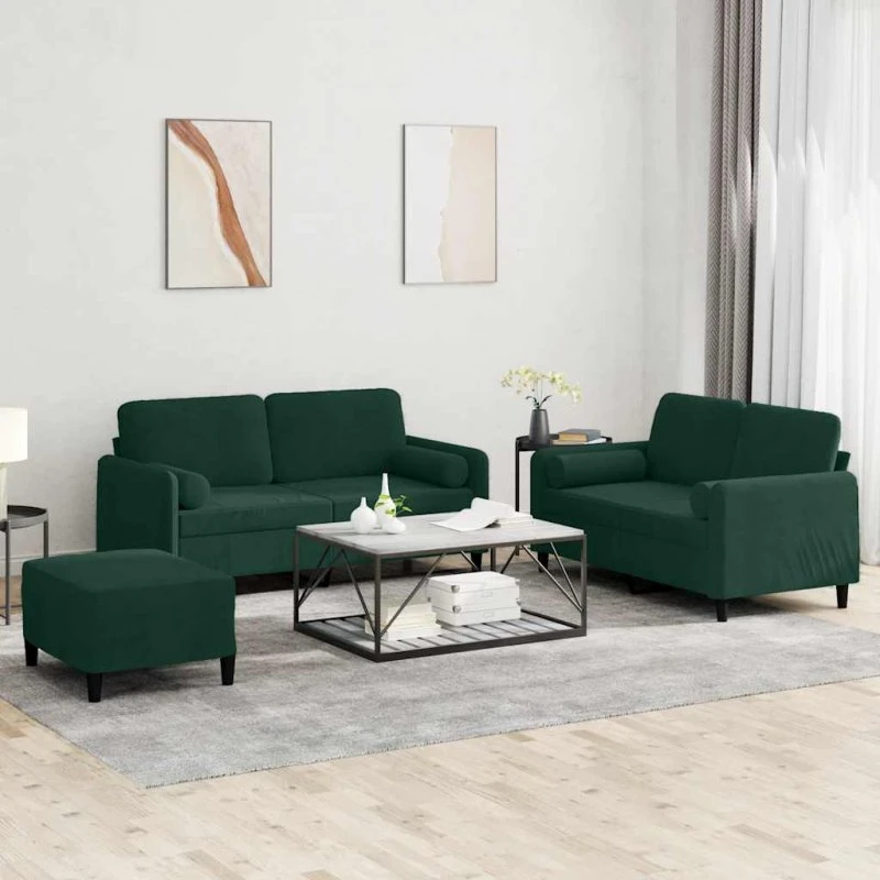 Sofasæt 3 dele i mørkegrøn velour med puder