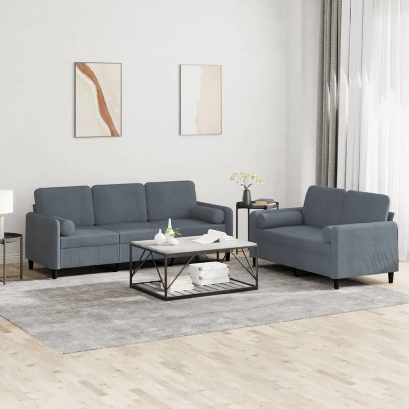 Sofasæt 2 dele i mørkegrå velour med puder