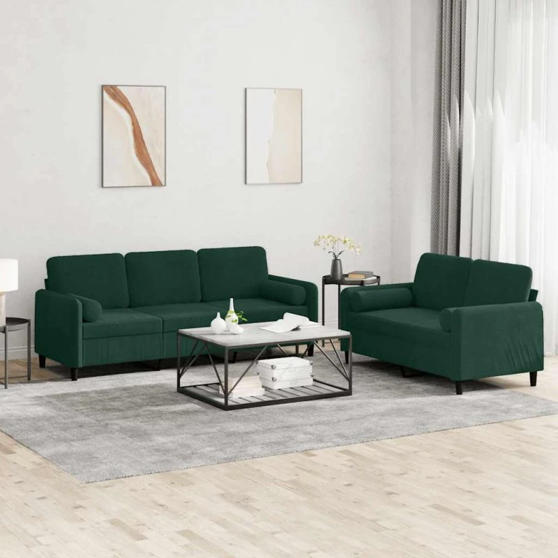 Sofasæt 2 dele i mørkegrøn velour med puder