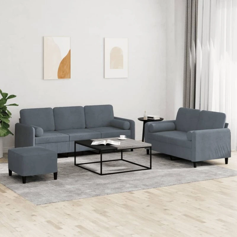 Sofasæt 3 dele i mørkegrå velour