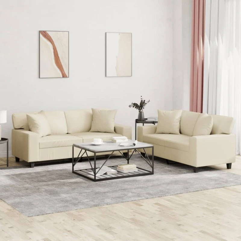 Sofasæt 2 dele i creme kunstlæder med puder