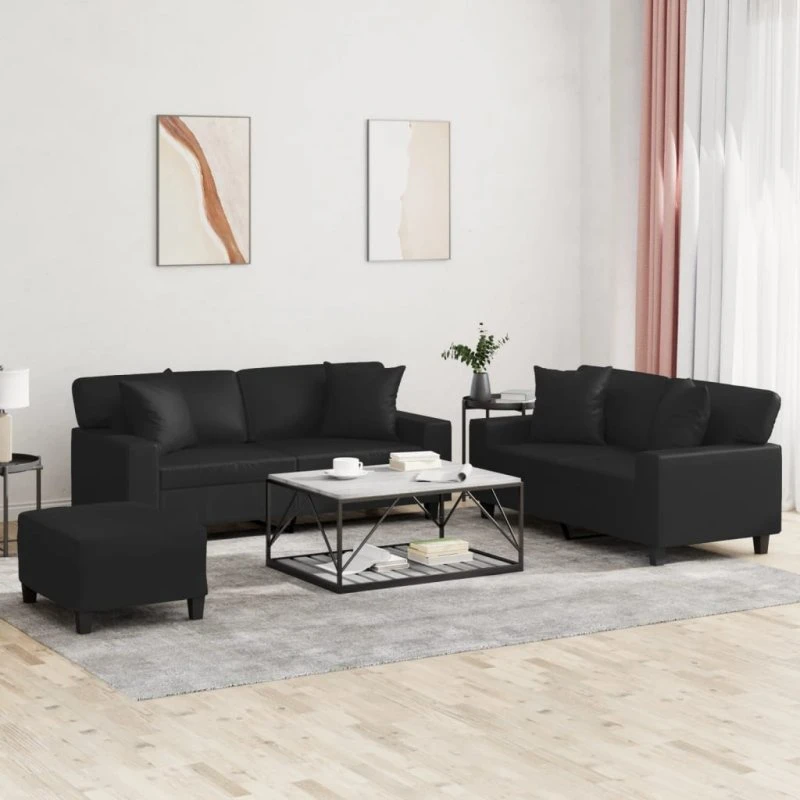 Sofasæt 3 dele i sort kunstlæder med puder