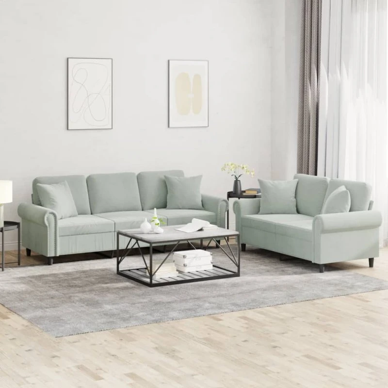 Sofasæt 2 dele i lysegrå velour med puder