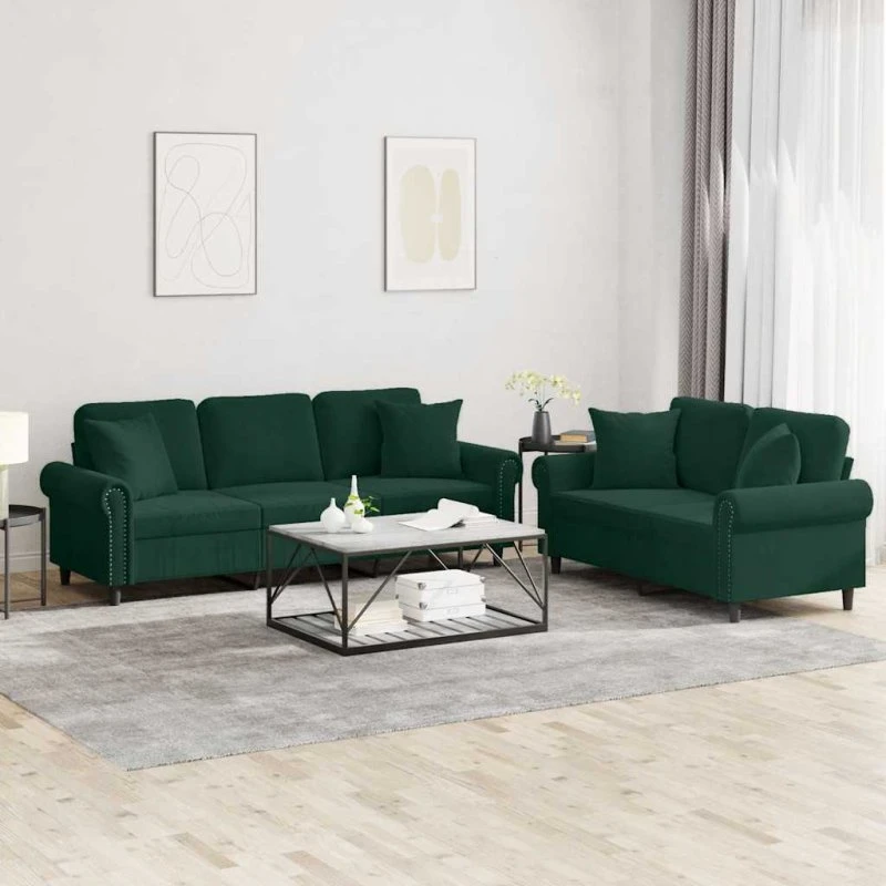 Sofasæt 2 dele i velour mørkegrøn med puder
