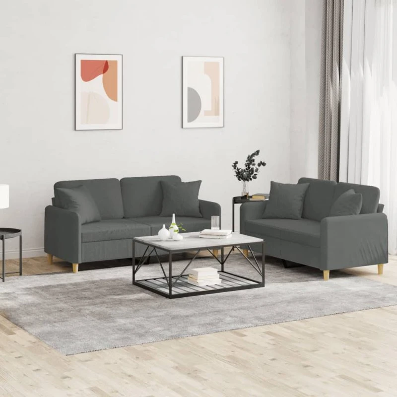 Sofasæt 2 dele med puder – mørkegrå stof