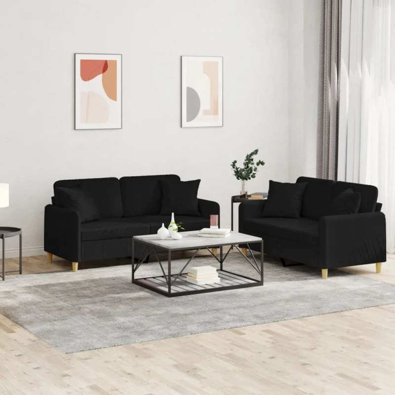 Sofasæt 2 dele med puder - sort stof