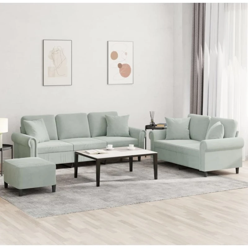 3-delt sofasæt i lysegrå velour med puder
