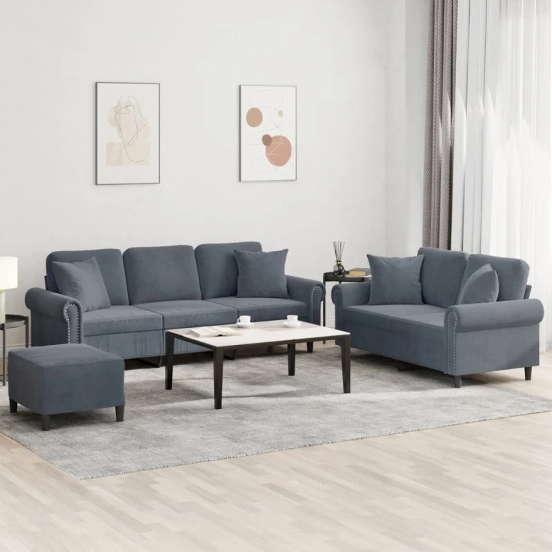 Sofasæt 3 dele i mørkegrå velour med puder