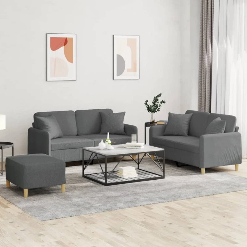 Sofasæt 3 dele med puder i mørkegråt stof