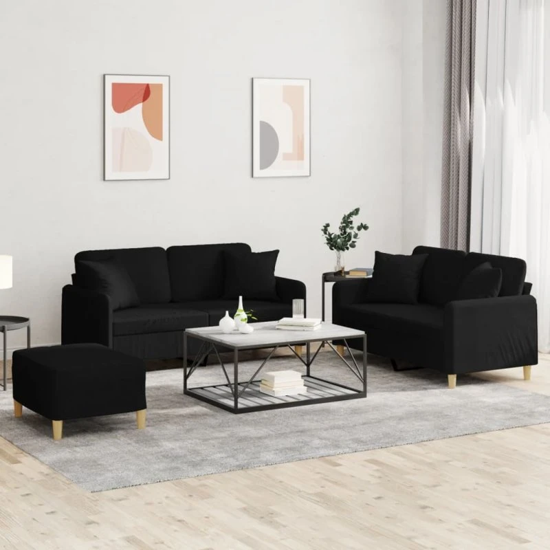 Sofasæt 3 dele med puder, sort stof