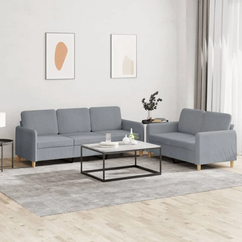 Sofasæt 2 dele i lysegråt stof med hynder