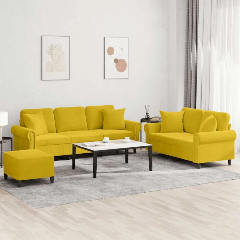 Sofasæt 3 dele i gul velour med puder