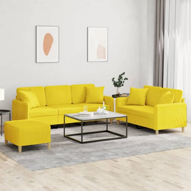 Sofasæt 3-dele i lysegult stof med puder