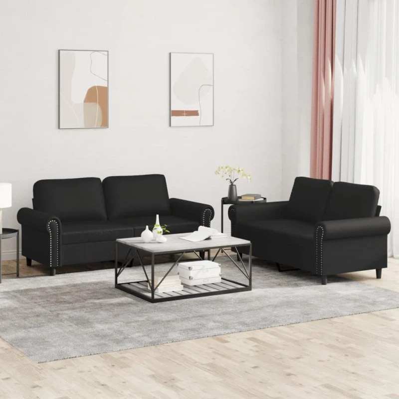 Sofasæt 2 dele i sort kunstlæder med hynder