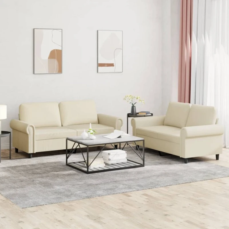 Sofasæt 2 dele i creme kunstlæder med hynder