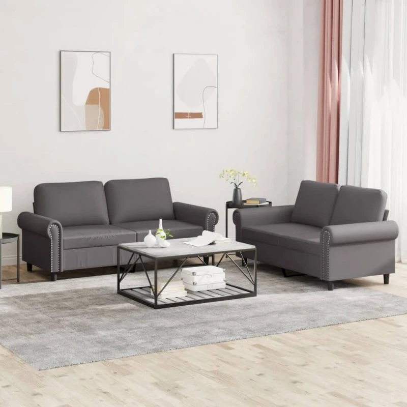 Sofasæt 2 dele i grå kunstlæder med hynder