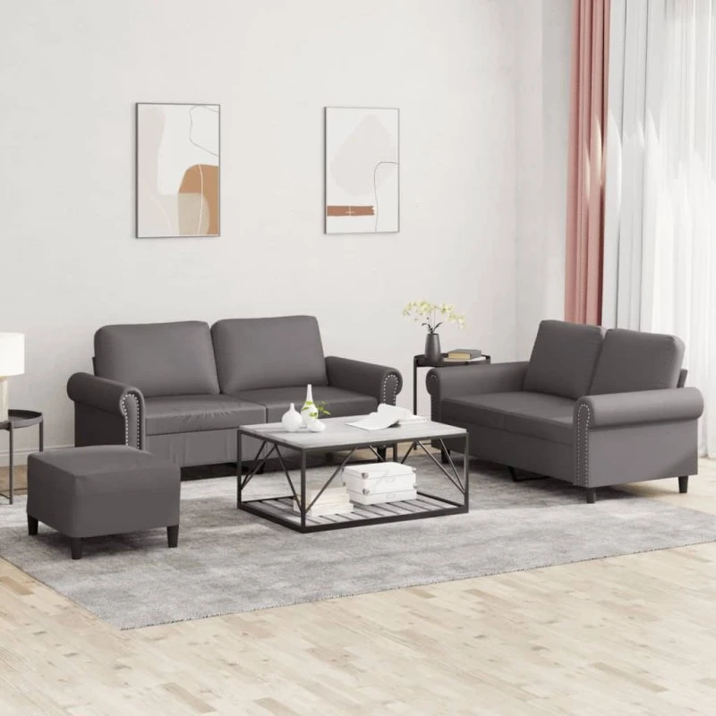 Sofasæt 3 dele i gråt kunstlæder med hynder