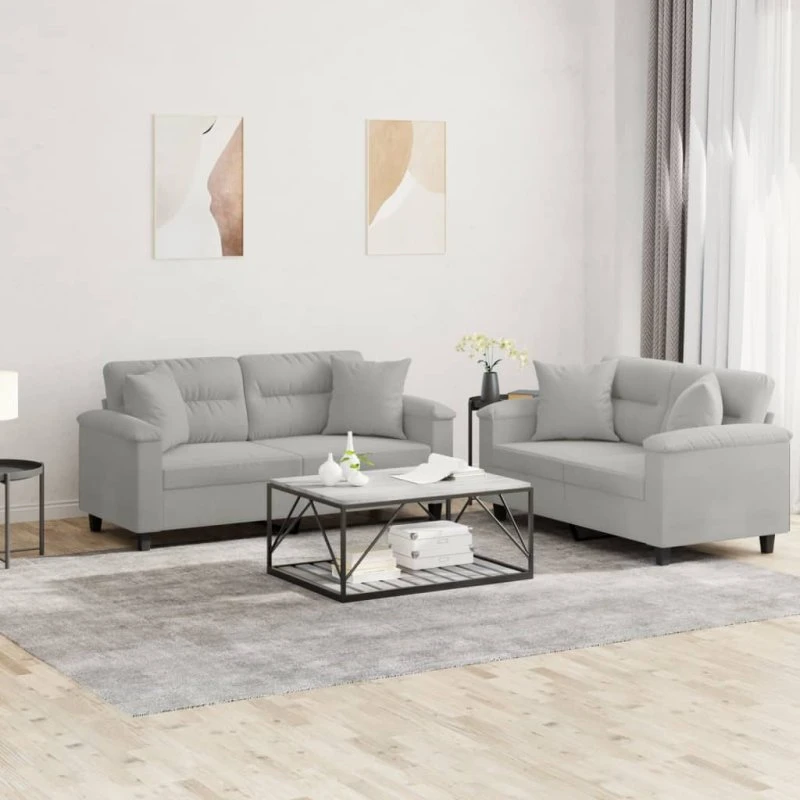 Sofasæt 2 dele i lysegrå mikrofiber med puder