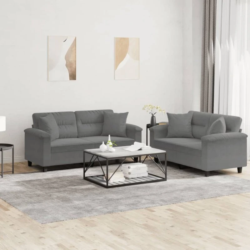 2-personers sofasæt i mikrofiber mørkegrå med puder