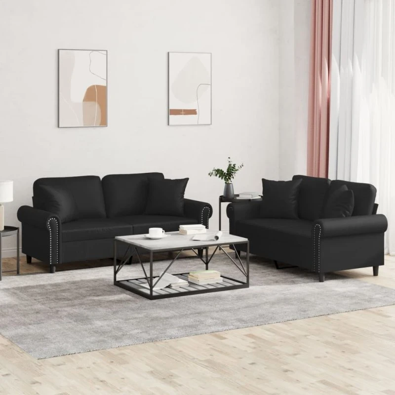Sofasæt 2 dele i sort kunstlæder med puder