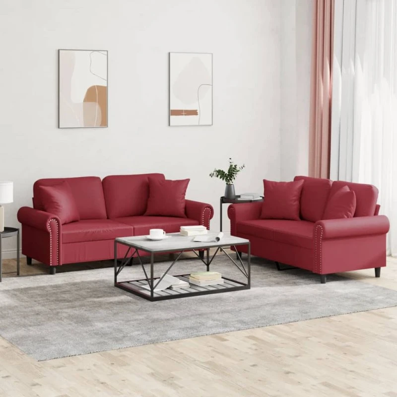 Sofasæt 2 dele i vinrødt kunstlæder med puder