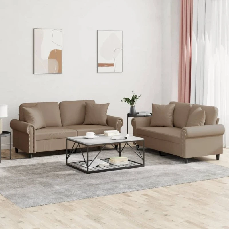 Sofasæt 2 dele i cappuccino kunstlæder med puder