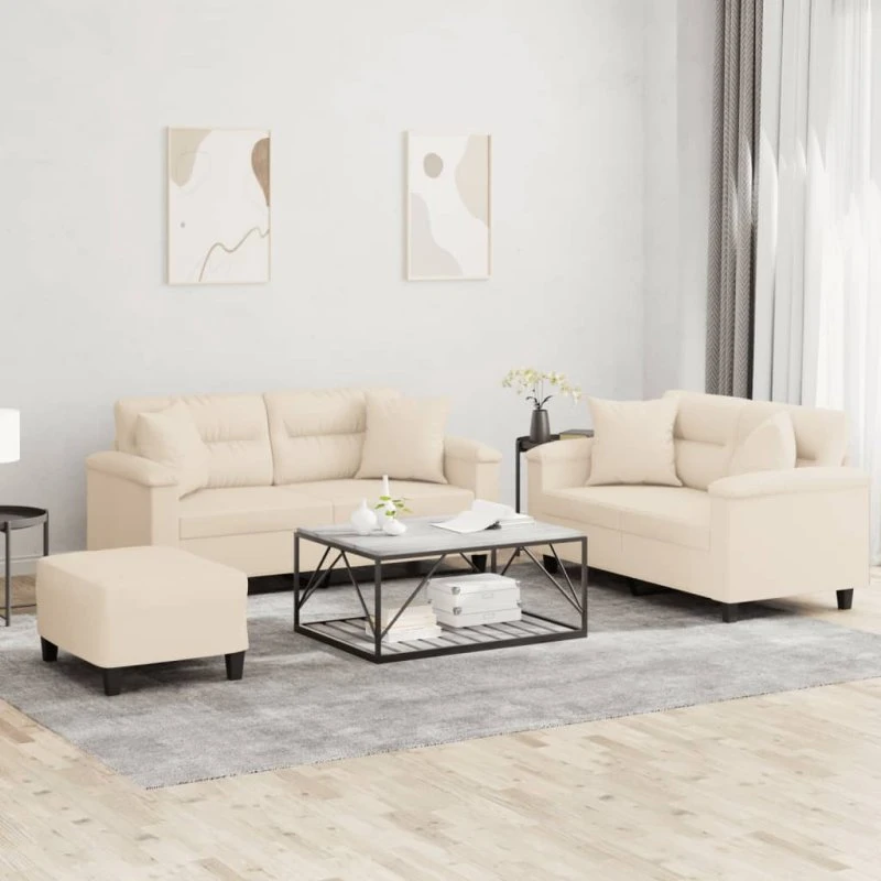 Sofasæt 3 dele i mikrofiber beige med puder