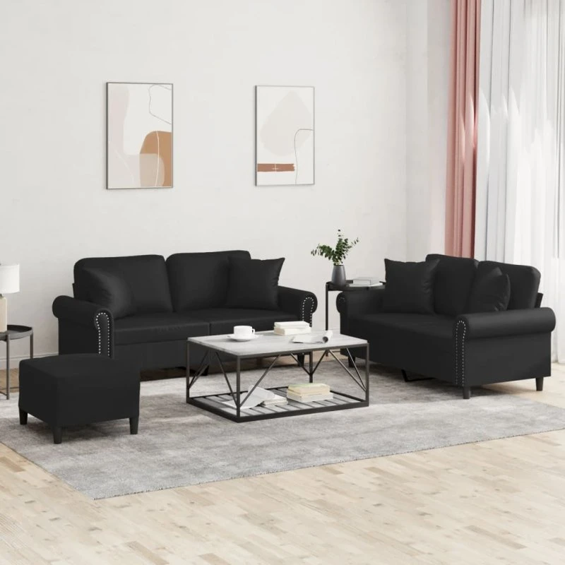 Sofasæt 3 dele i sort kunstlæder med puder