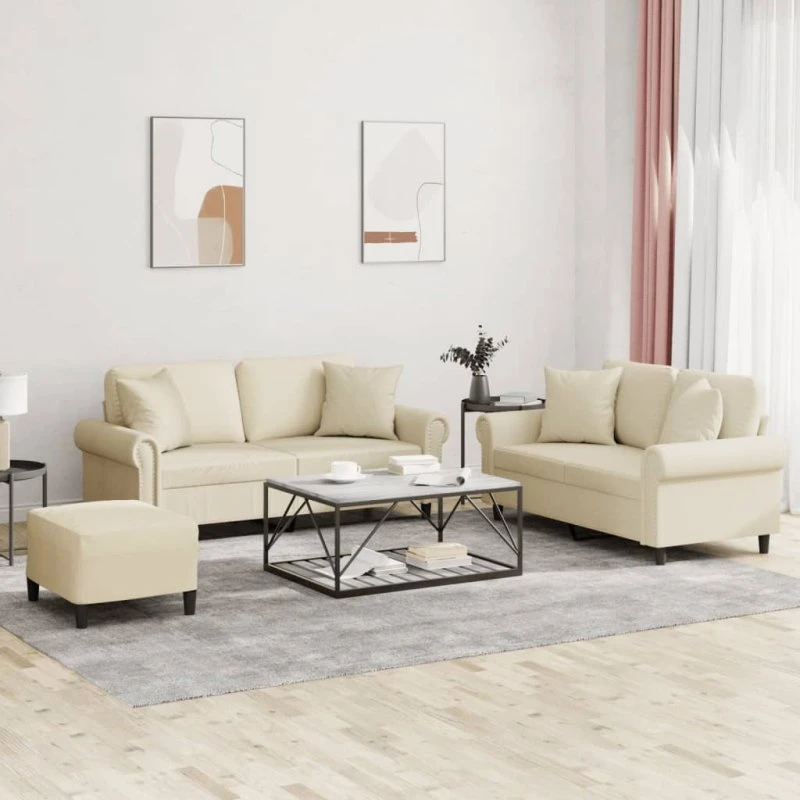 Sofasæt 3 dele i creme kunstlæder med puder