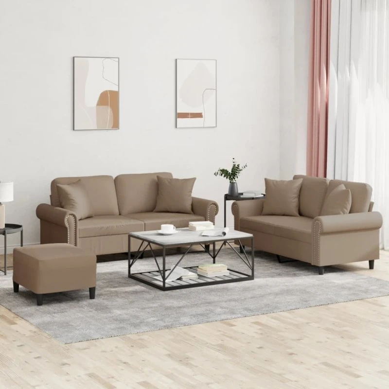 Sofasæt 3 dele i cappuccino kunstlæder med puder