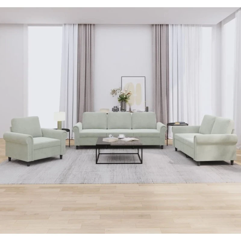 Sofasæt 3 dele i velour - lysegrå med hynder