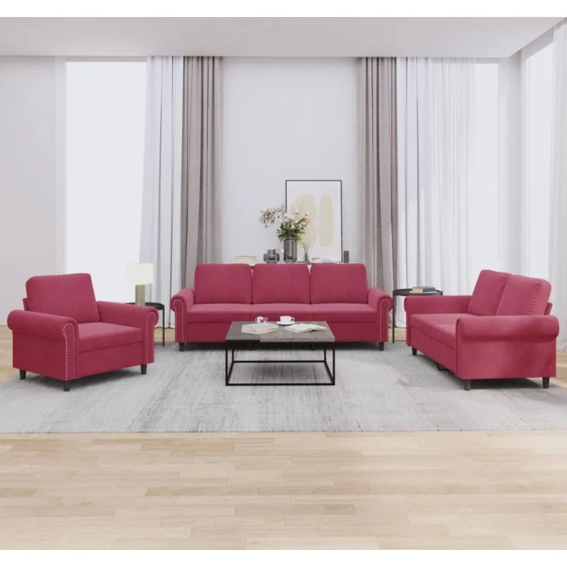 Sofasæt 2 dele i vinrød velour med hynder