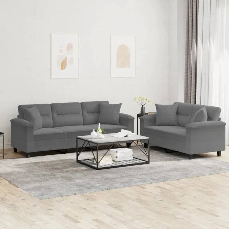 Sofasæt 2 dele i mikrofiber mørkegrå med puder