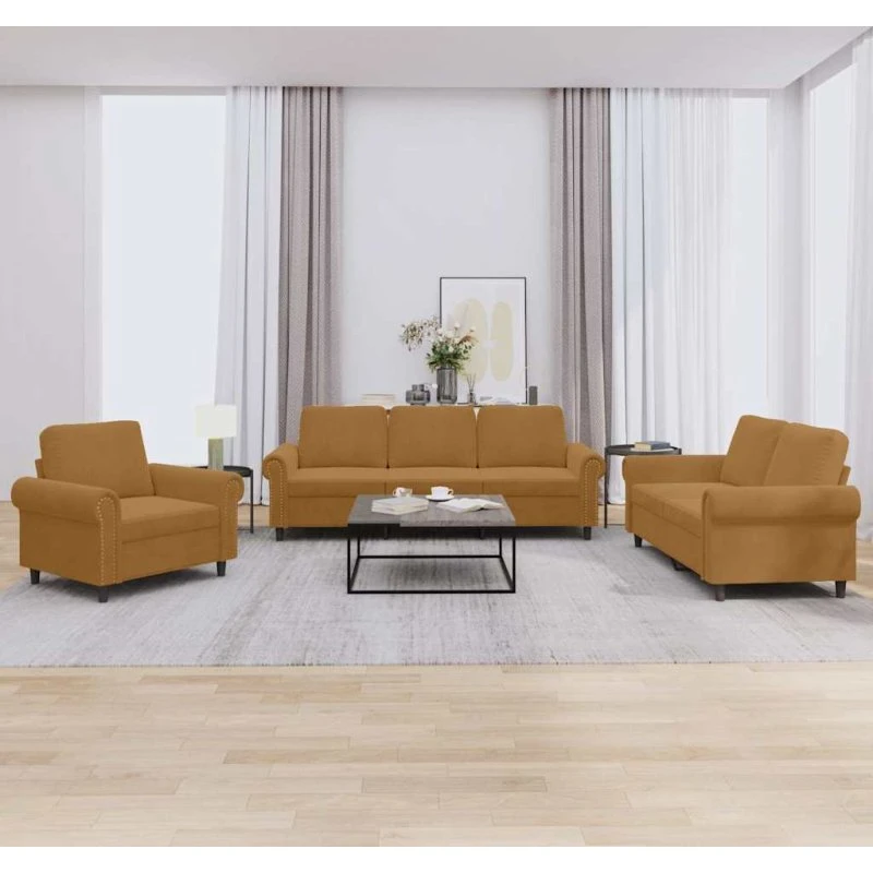 Sofasæt 3 dele i brun velour med hynder