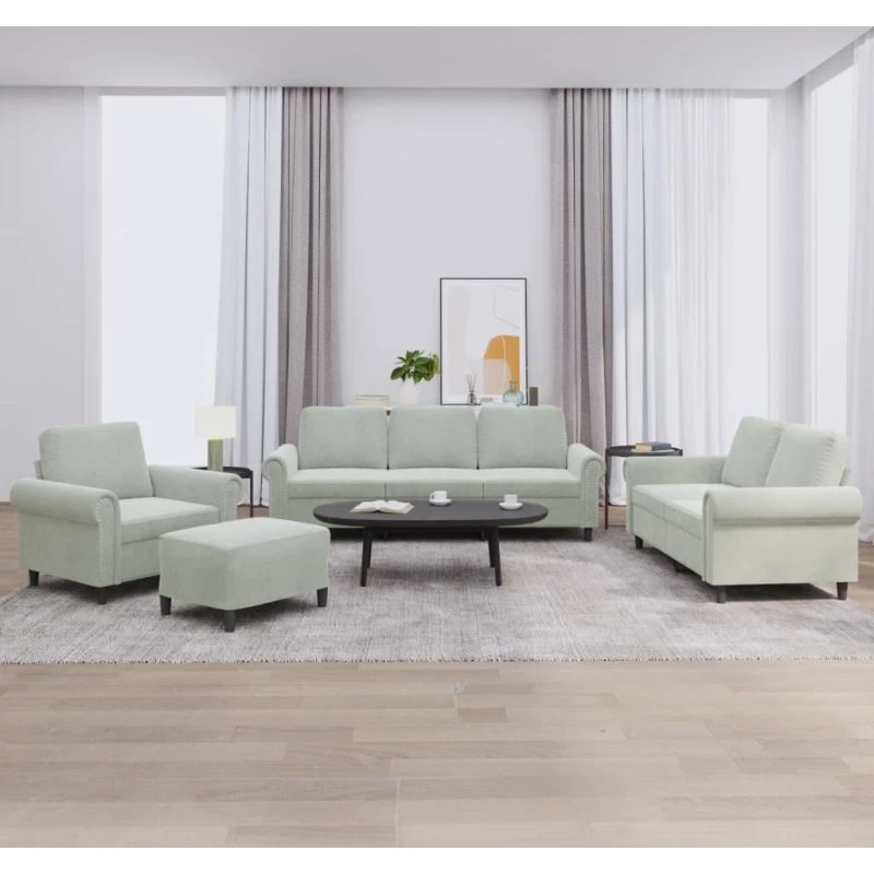 Sofasæt 4 dele i lysegrå velour med hynder