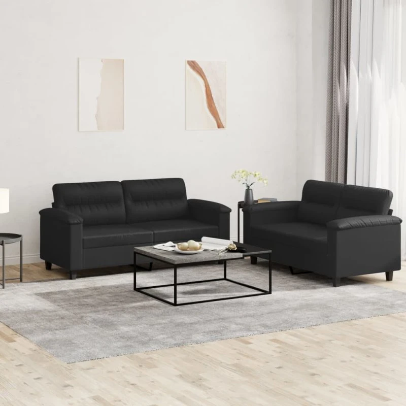 Sofasæt 2 dele i sort kunstlæder med hynder