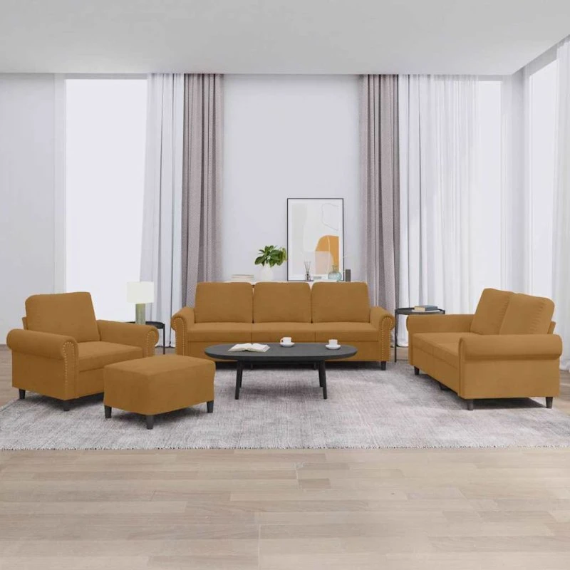 Sofasæt 4 dele i brun velour med hynder