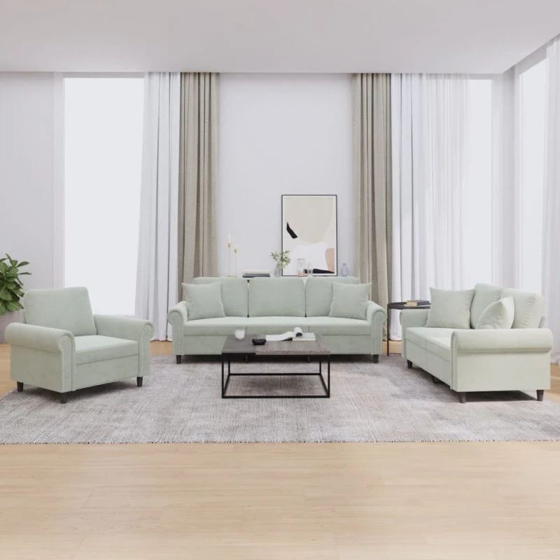 Sofasæt 3 dele i lysegrå velour med puder