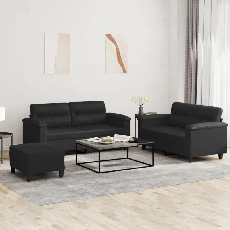 Sofasæt 3-dele i sort kunstlæder med hynder