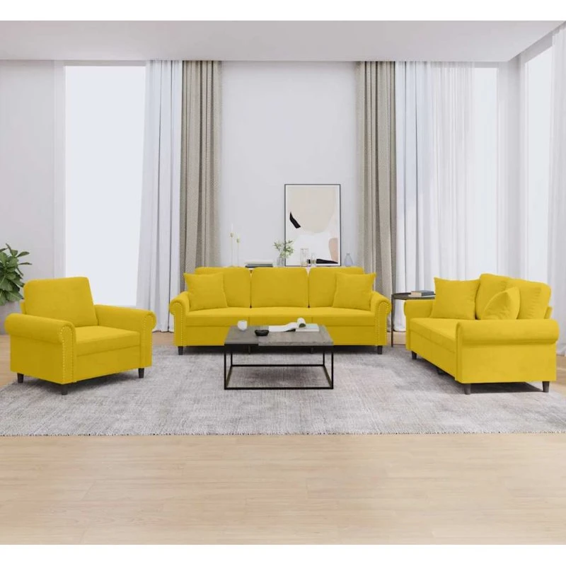 Sofasæt 3-dele i gul velour med puder