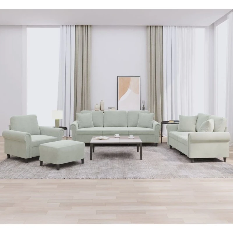 Sofasæt 4-dele i lysegrå velour med puder