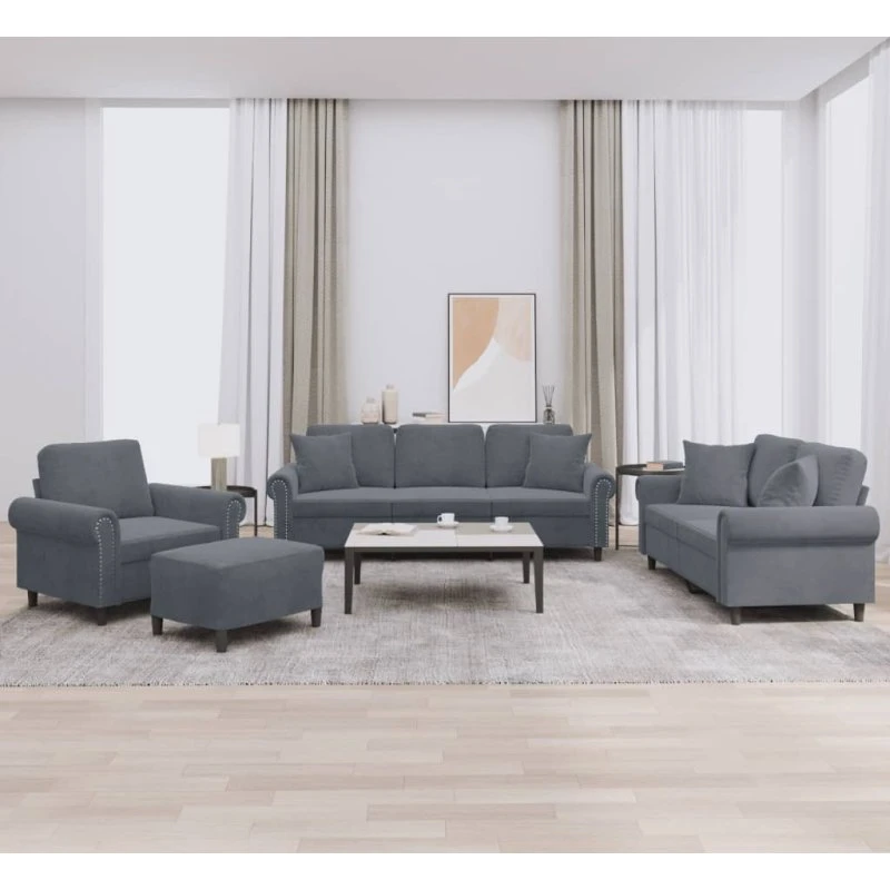 Sofasæt 4 dele i mørkegrå velour med puder