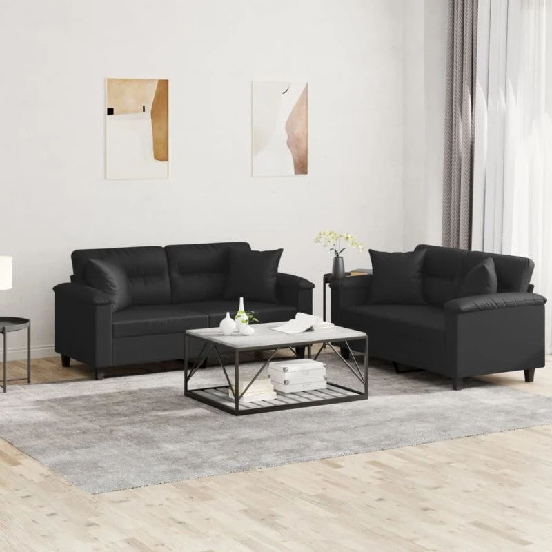 Sofasæt 2 dele i sort kunstlæder med puder