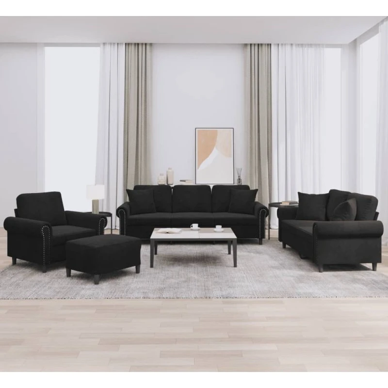 Sofasæt 4 dele velour sort med puder