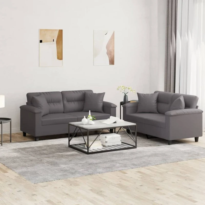 Sofasæt 2-dele i gråt kunstlæder med puder