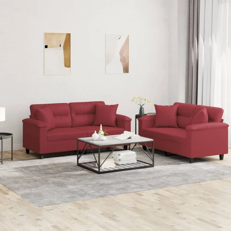 Sofasæt 2 dele i vinrødt kunstlæder med puder