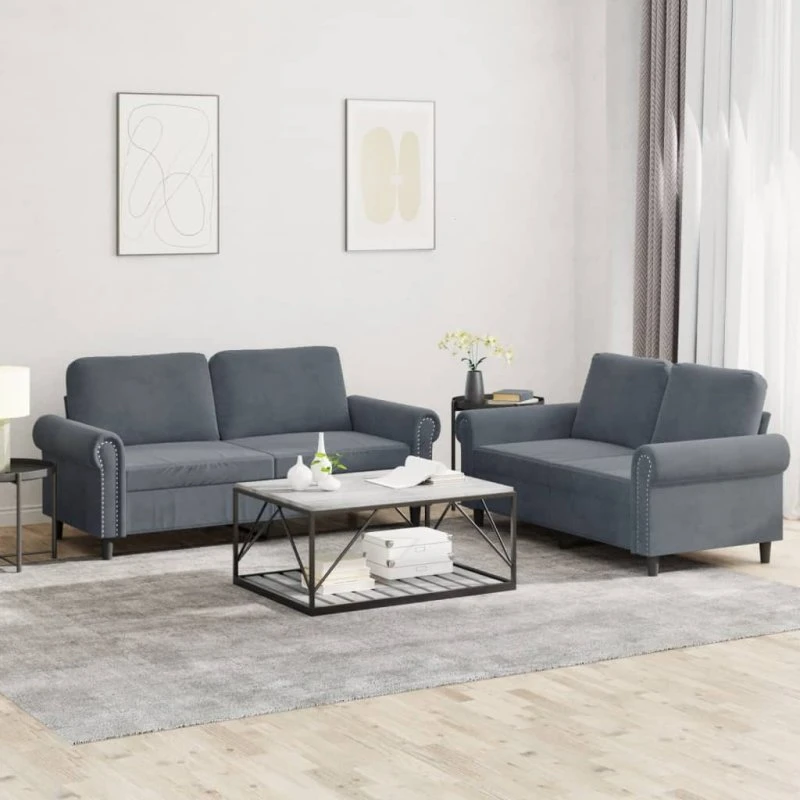 2-personers sofasæt i mørkegrå velour med hynder